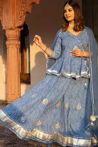 Women Blue Printed Gotta Patti Lehriya Ready to Wear Lehenga & Blouse With Dupatta