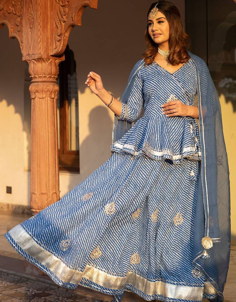 Women Blue Printed Gotta Patti Lehriya Ready to Wear Lehenga & Blouse With Dupatta