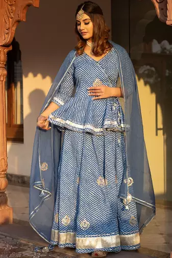 Women Blue Printed Gotta Patti Lehriya Ready to Wear Lehenga & Blouse With Dupatta