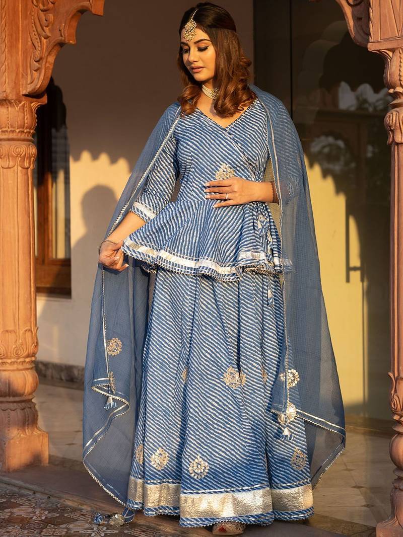 Women Blue Printed Gotta Patti Lehriya Ready to Wear Lehenga & Blouse With Dupatta