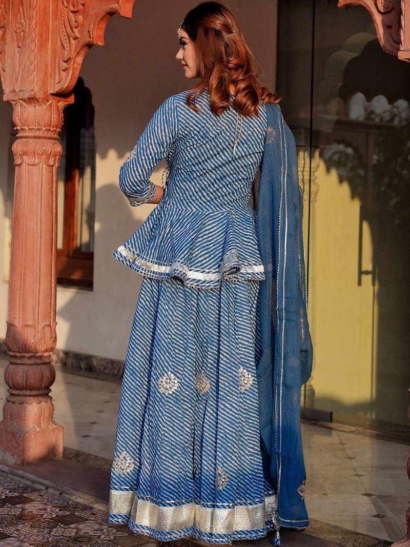 Women Blue Printed Gotta Patti Lehriya Ready to Wear Lehenga & Blouse With Dupatta