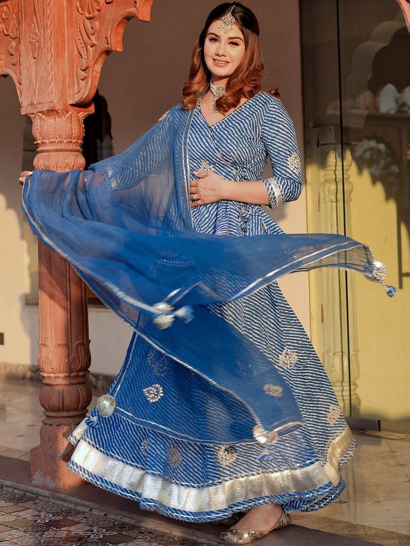 Women Blue Printed Gotta Patti Lehriya Ready to Wear Lehenga & Blouse With Dupatta