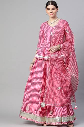 Pink & White Printed Ready to Wear Lehenga & Blouse With Dupatta