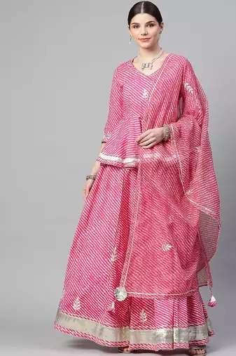 Pink & White Printed Ready to Wear Lehenga & Blouse With Dupatta