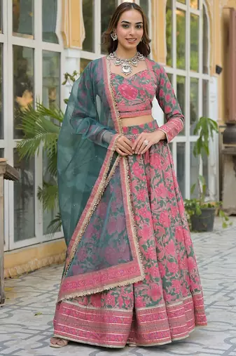 Printed Sequinned Cotton Ready to Wear Lehenga & Blouse With Dupatta