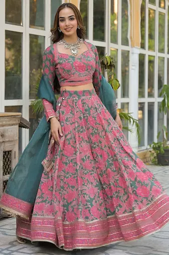 Printed Sequinned Cotton Ready to Wear Lehenga & Blouse With Dupatta