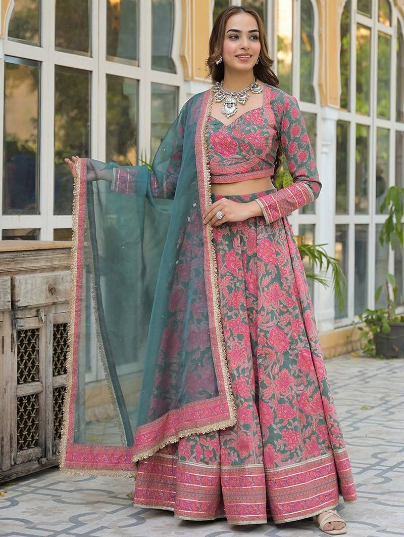 Printed Sequinned Cotton Ready to Wear Lehenga & Blouse With Dupatta