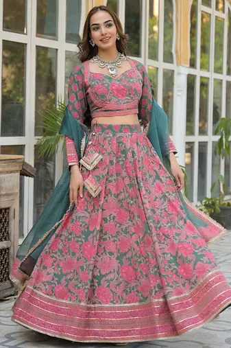 Printed Sequinned Cotton Ready to Wear Lehenga & Blouse With Dupatta