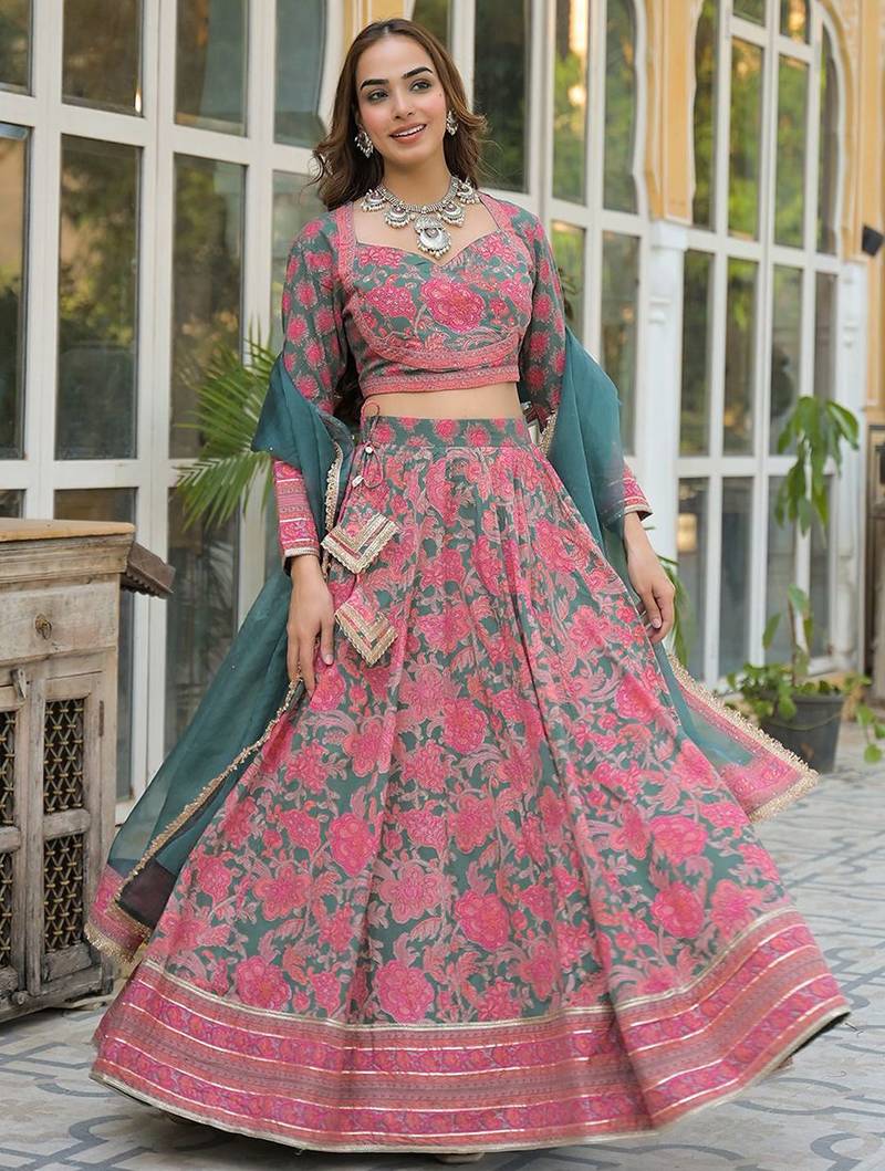 Printed Sequinned Cotton Ready to Wear Lehenga & Blouse With Dupatta