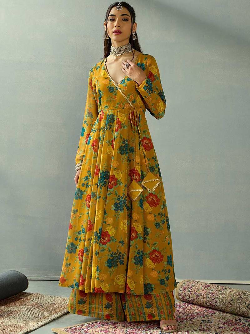 Women Floral Printed Wrap Anarkali Kurta with Palazzos
