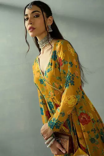 Women Floral Printed Wrap Anarkali Kurta with Palazzos