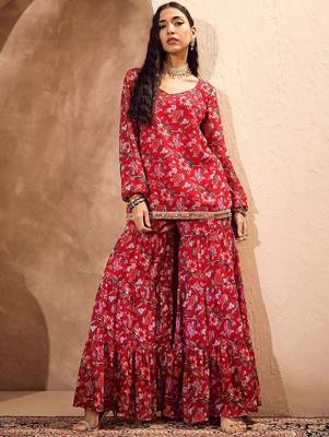 Floral Printed Gotta Patti Straight Kurti with Sharara 1