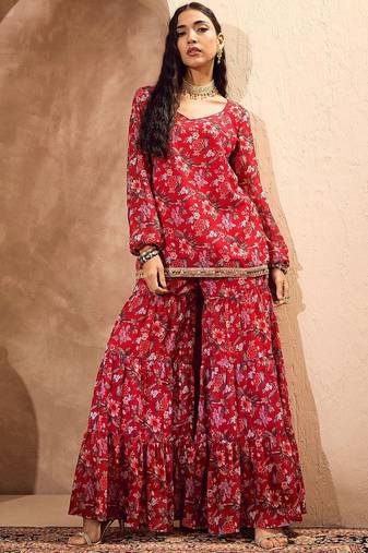 Floral Printed Gotta Patti Straight Kurti with Sharara