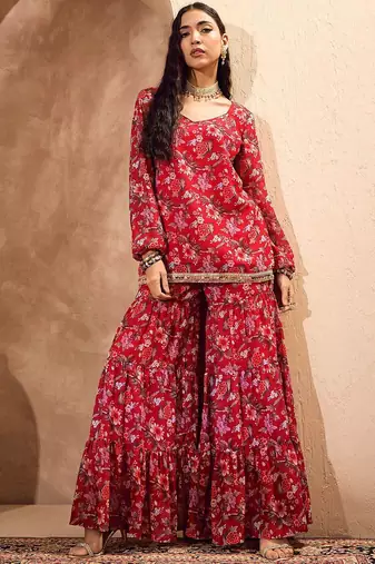 Floral Printed Gotta Patti Straight Kurti with Sharara