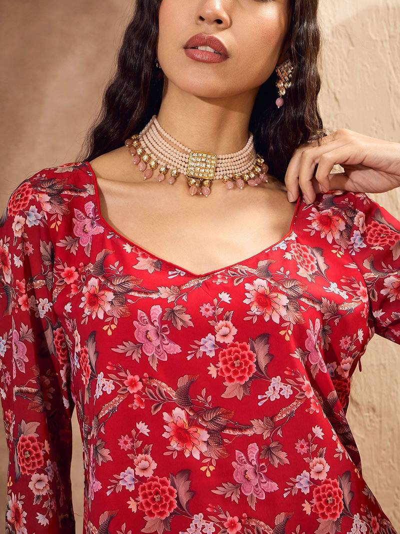Floral Printed Gotta Patti Straight Kurti with Sharara
