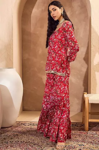 Floral Printed Gotta Patti Straight Kurti with Sharara