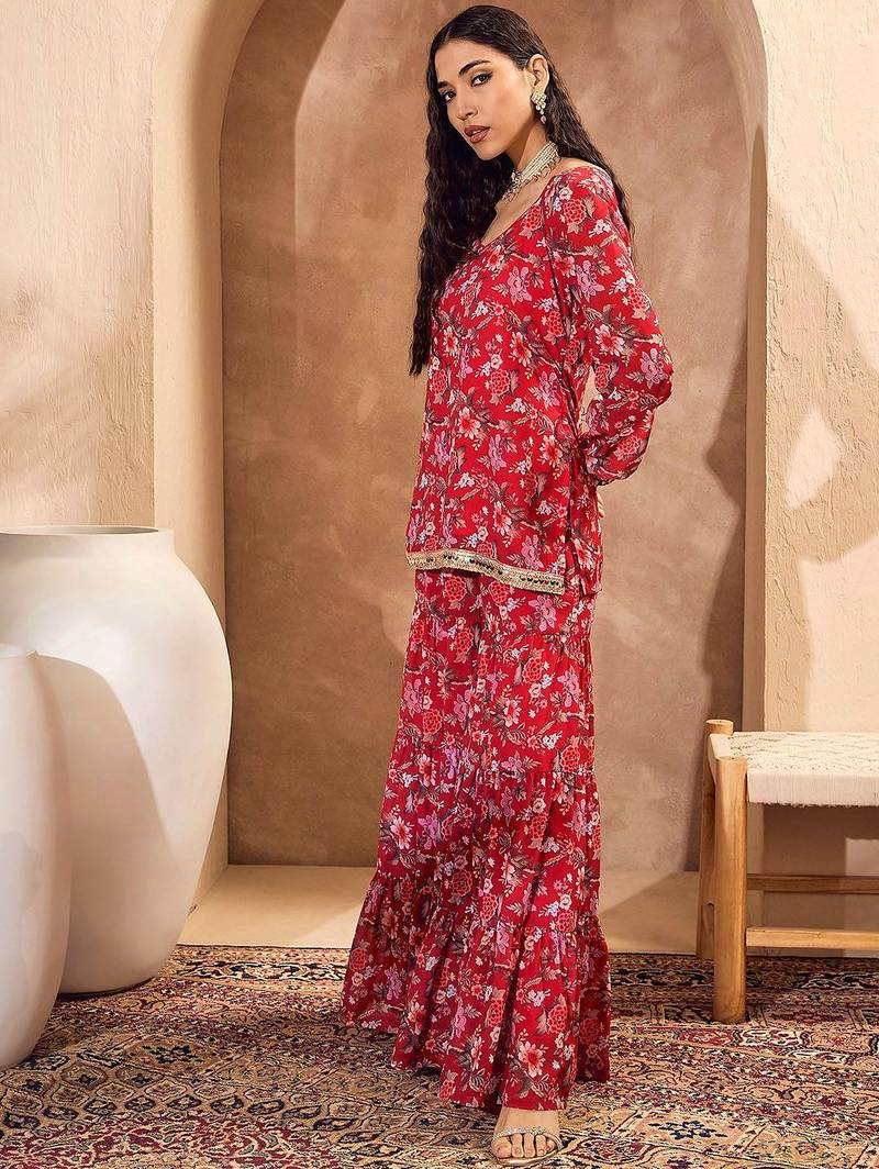 Floral Printed Gotta Patti Straight Kurti with Sharara