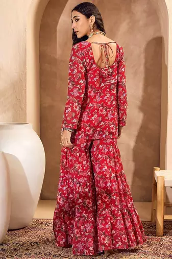 Floral Printed Gotta Patti Straight Kurti with Sharara