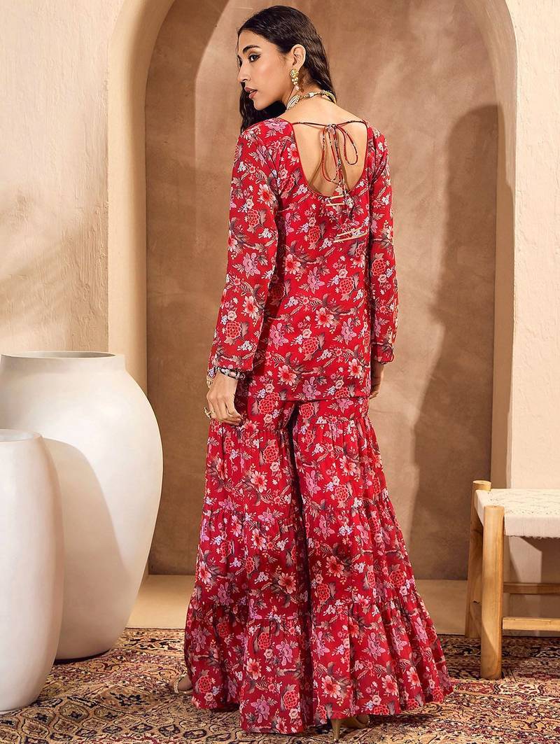 Floral Printed Gotta Patti Straight Kurti with Sharara