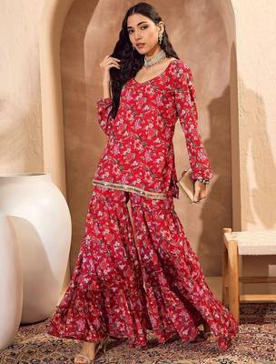 Floral Printed Gotta Patti Straight Kurti with Sharara 5