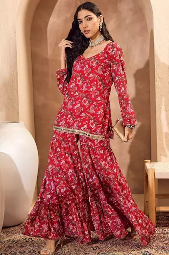 Floral Printed Gotta Patti Straight Kurti with Sharara