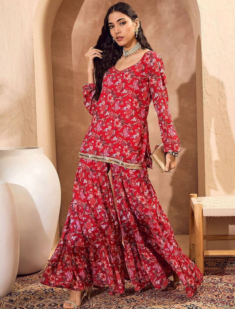 Floral Printed Gotta Patti Straight Kurti with Sharara
