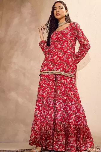 Floral Printed Gotta Patti Straight Kurti with Sharara