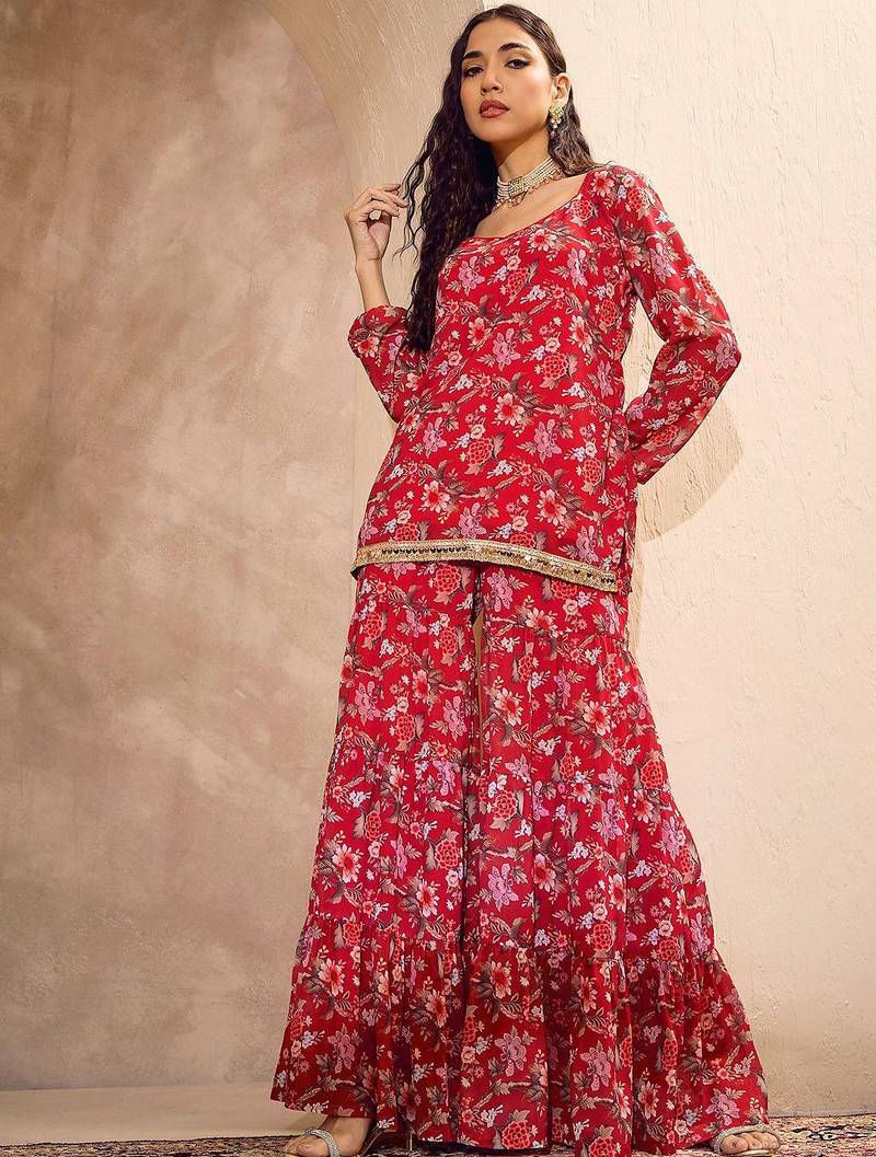 Floral Printed Gotta Patti Straight Kurti with Sharara