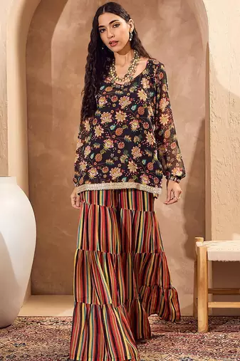 Floral Printed Gotta Patti Straight Kurti with Sharara