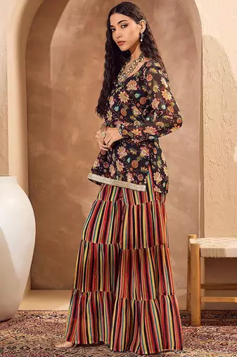 Floral Printed Gotta Patti Straight Kurti with Sharara