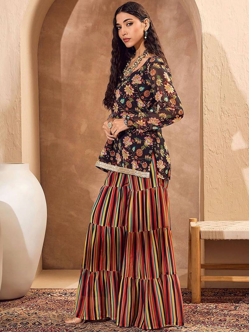Floral Printed Gotta Patti Straight Kurti with Sharara