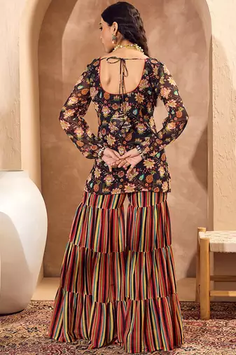 Floral Printed Gotta Patti Straight Kurti with Sharara