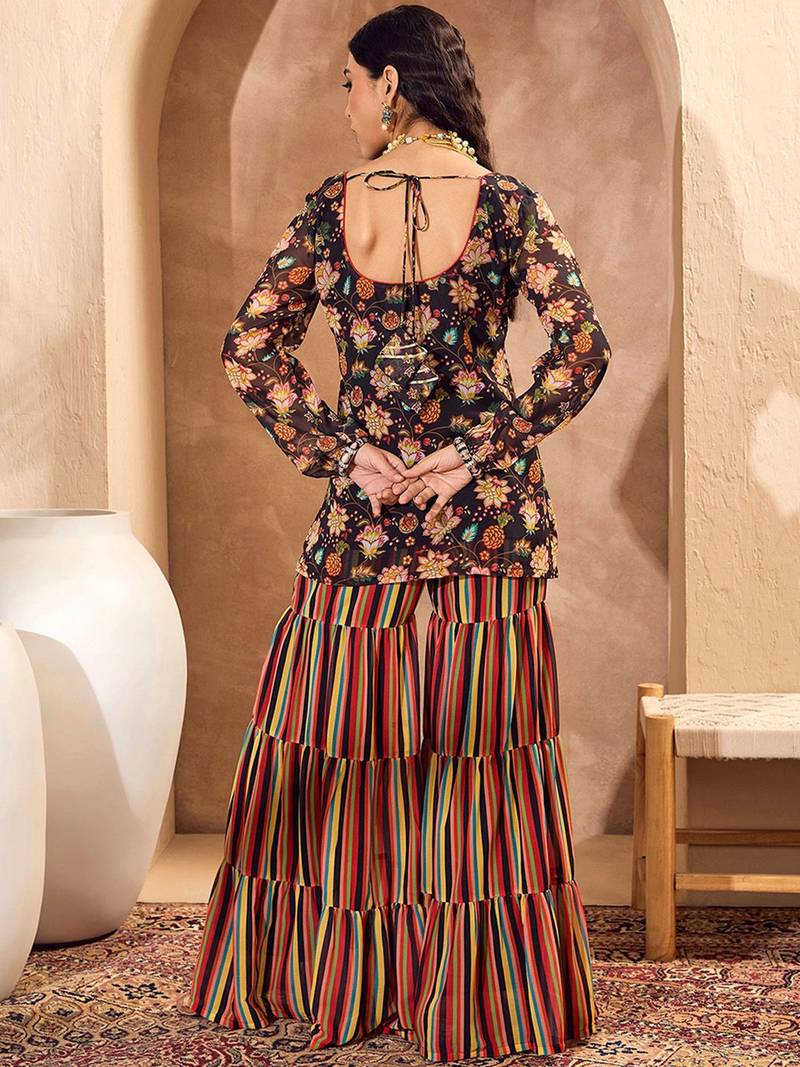 Floral Printed Gotta Patti Straight Kurti with Sharara