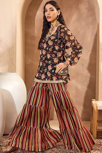 Floral Printed Gotta Patti Straight Kurti with Sharara