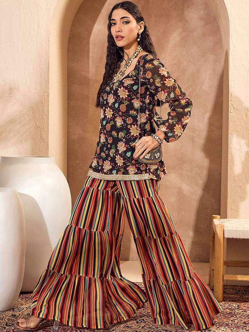 Floral Printed Gotta Patti Straight Kurti with Sharara