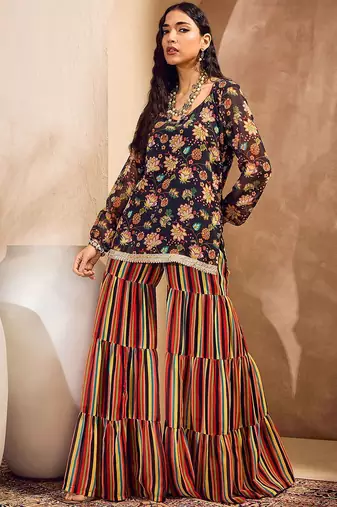 Floral Printed Gotta Patti Straight Kurti with Sharara