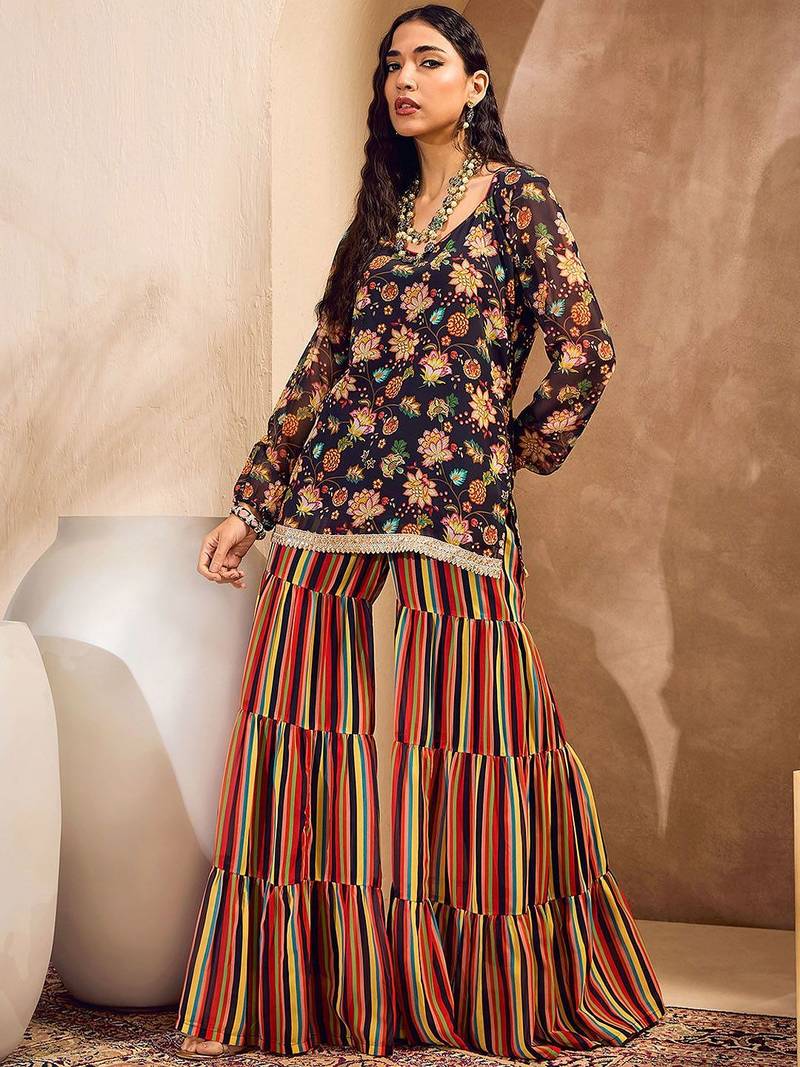 Floral Printed Gotta Patti Straight Kurti with Sharara