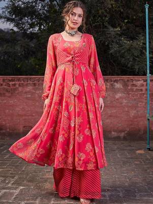Floral Printed Round Neck Georgette Anarkali Kurta With Palazzos 1