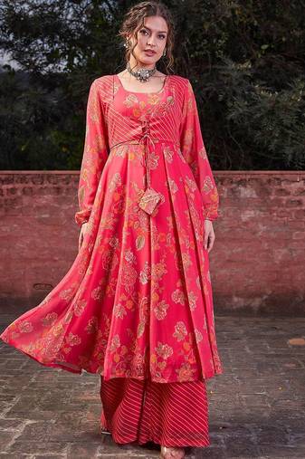 Floral Printed Round Neck Georgette Anarkali Kurta With Palazzos