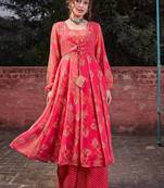 Floral Printed Round Neck Georgette Anarkali Kurta With Palazzos