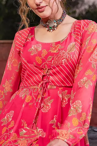Floral Printed Round Neck Georgette Anarkali Kurta With Palazzos