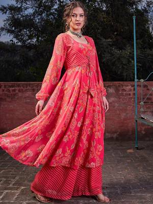 Floral Printed Round Neck Georgette Anarkali Kurta With Palazzos 3