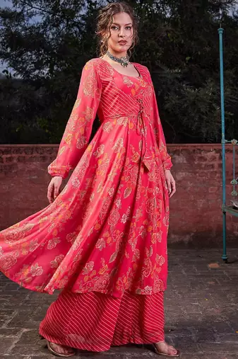Floral Printed Round Neck Georgette Anarkali Kurta With Palazzos
