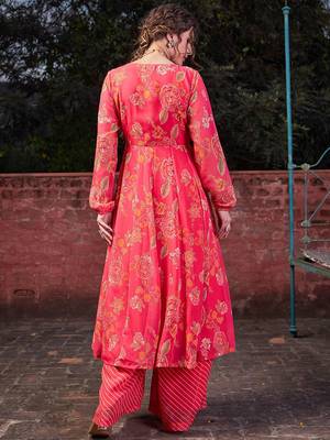 Floral Printed Round Neck Georgette Anarkali Kurta With Palazzos 4