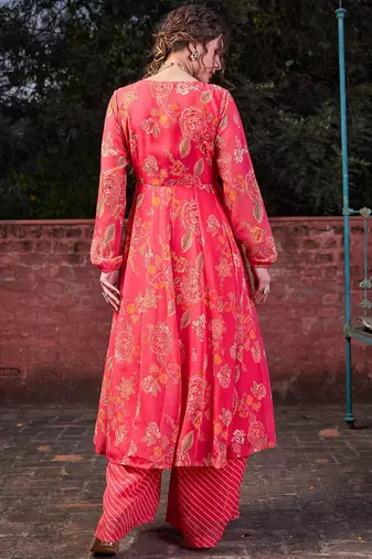 Floral Printed Round Neck Georgette Anarkali Kurta With Palazzos