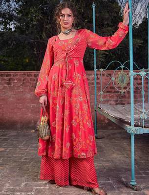 Floral Printed Round Neck Georgette Anarkali Kurta With Palazzos 5