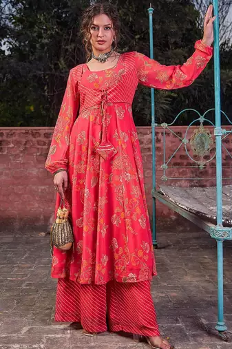Floral Printed Round Neck Georgette Anarkali Kurta With Palazzos