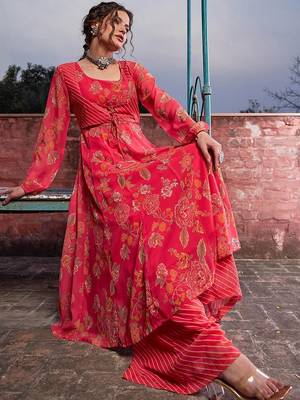Floral Printed Round Neck Georgette Anarkali Kurta With Palazzos 6