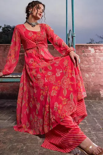Floral Printed Round Neck Georgette Anarkali Kurta With Palazzos
