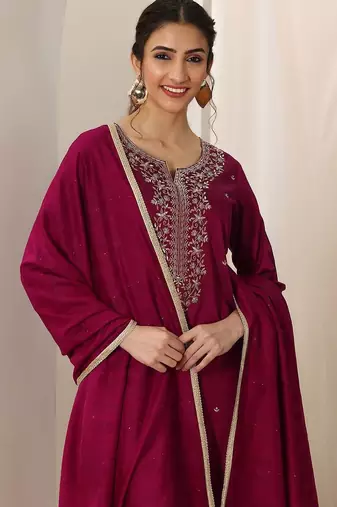 Ethnic Motifs Embroidered Straight Kurta With Trousers & Dupatta